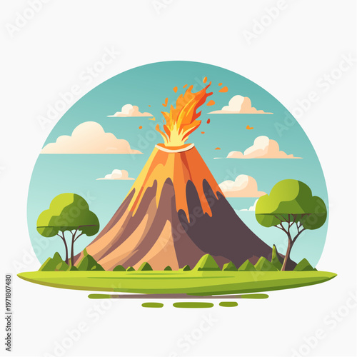 太古の火山のイラスト 恐竜時代・自然