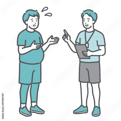 困り顔で男性トレーナーに相談するぽっちゃり男性のイラスト