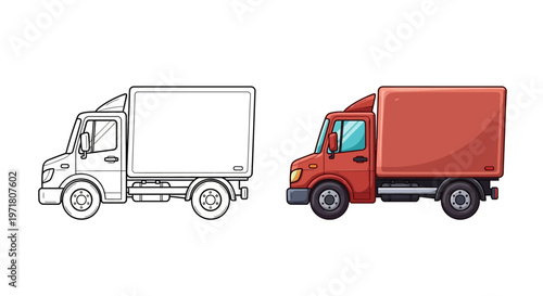 Delivery Truck Outline and Full Color Illustration