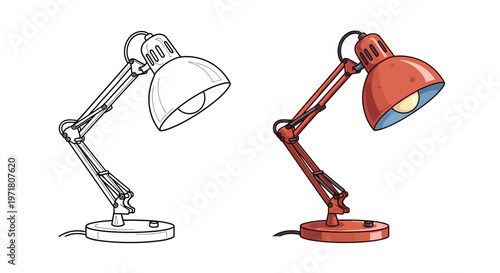 Desk Lamp Comparison: Line Art Sketch vs. Colored Illustration