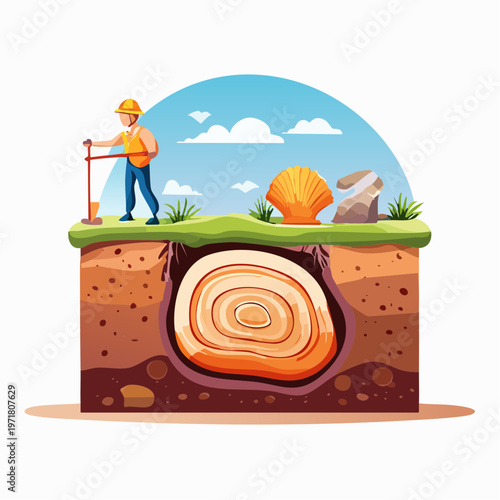 地層から化石を発掘する様子のイラスト 考古学・教育