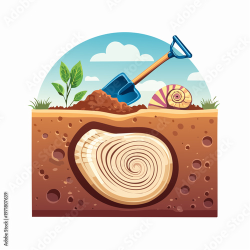 地層から化石を発掘する様子のイラスト 考古学・教育