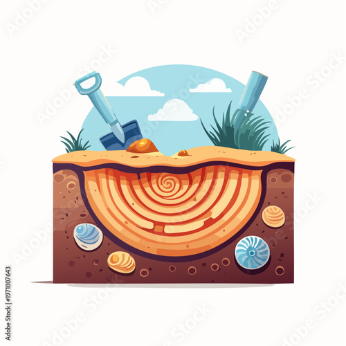 地層から化石を発掘する様子のイラスト 考古学・教育