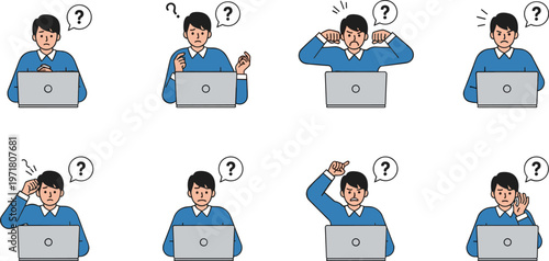 Confused man working on laptop vector illustration set showing thinking questioning problem solving emotions office worker character collection isolated