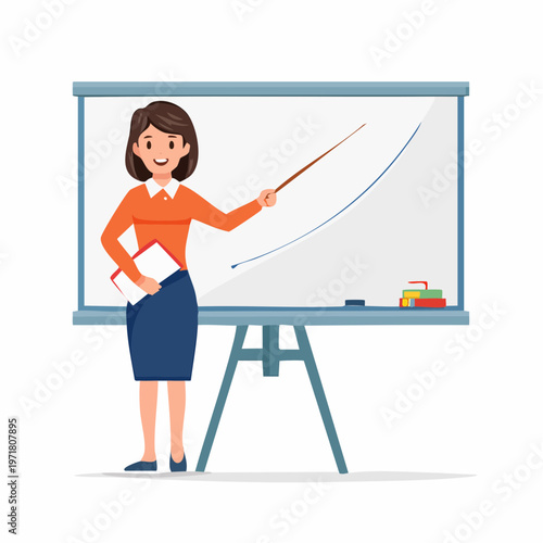黒板を指差して授業をする女性教師のイラスト 教育・学校