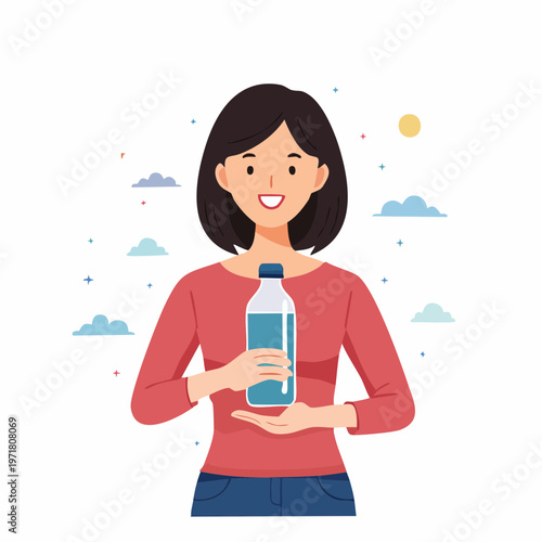 マイボトルを持つ女性のイラスト 水分補給・エコ