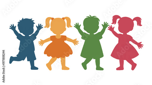 Happy diverse kids silhouettes running and playing together vector illustration with children s rights
