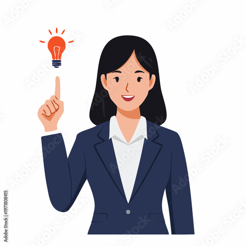 上を指差すビジネスウーマンのイラスト アイデア・問題解決