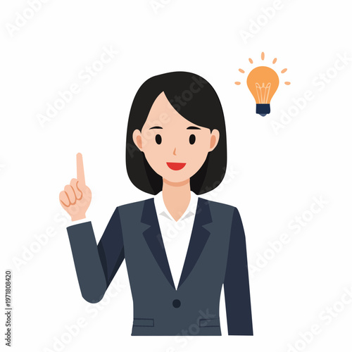 上を指差すビジネスウーマンのイラスト アイデア・問題解決