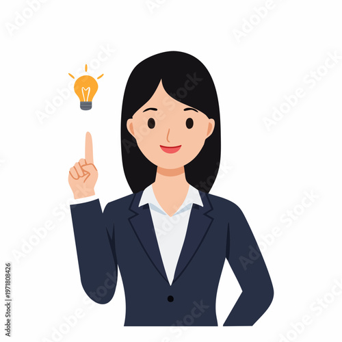 上を指差すビジネスウーマンのイラスト アイデア・問題解決