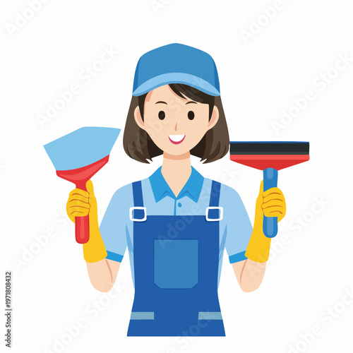 清掃用具を持つ清掃員の女性のイラスト ハウスクリーニング・清掃業