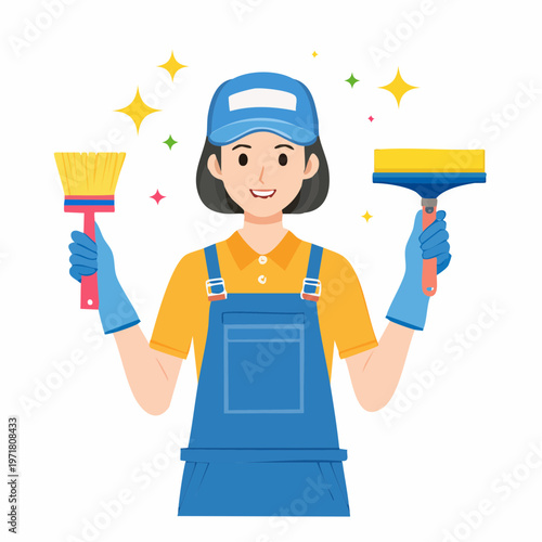 清掃用具を持つ清掃員の女性のイラスト ハウスクリーニング・清掃業