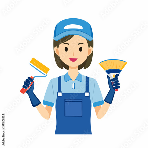 清掃用具を持つ清掃員の女性のイラスト ハウスクリーニング・清掃業