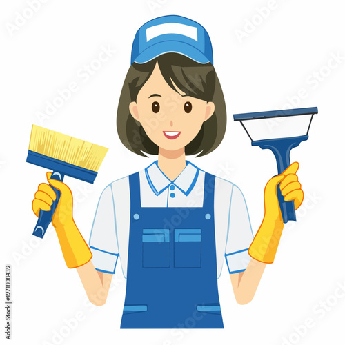 清掃用具を持つ清掃員の女性のイラスト ハウスクリーニング・清掃業