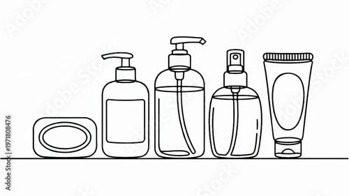 Line art illustration of personal hygiene and beauty products for self-care and cleanliness with soap bar with lotion bottle with spray bottle
