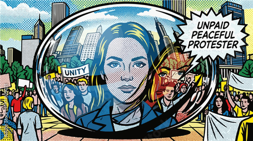 Pop art style illustration of protest crowd reflected in glasses with unpaid peaceful protester message in urban city setting
