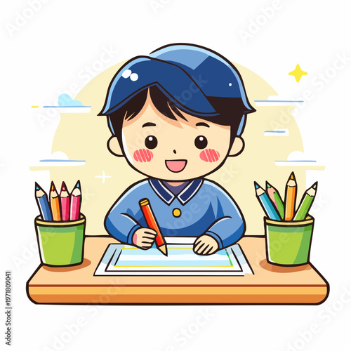 クレヨンでお絵かきをする男の子のイラスト 幼児教育・創造力