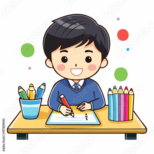 クレヨンでお絵かきをする男の子のイラスト 幼児教育・創造力