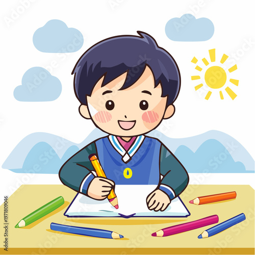 クレヨンでお絵かきをする男の子のイラスト 幼児教育・創造力