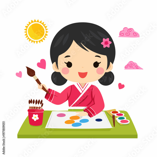 絵の具で絵を描く女の子のイラスト 美術・習い事