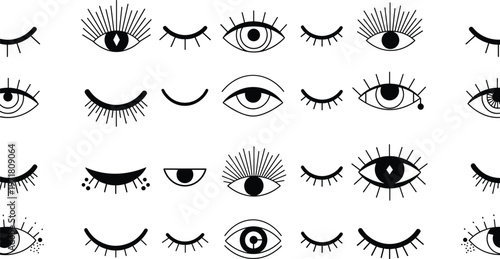 Eye icon and eyelash vector collection featuring open closed blinking eyes cosmetic beauty elements isolated minimal black line set