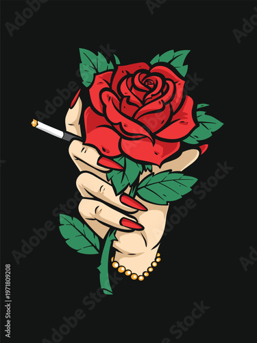 Hand Holding Red Rose Traditional Tattoo Style Illustration