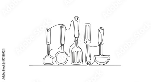 Minimalist Line Art Drawing of Kitchen Utensils on White Background