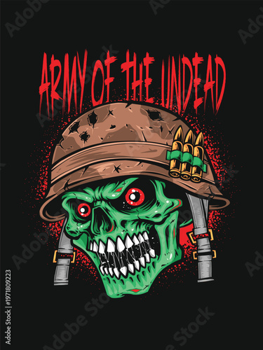 Zombie Soldier Skull with Military Helmet and Bullet Detail Horror Design