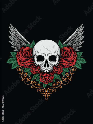 Skull with Wings and Red Roses Vintage Tattoo Vector Illustration