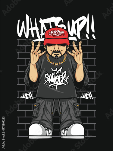 Cool Hip Hop Mascot Character with Graffiti Lettering Background