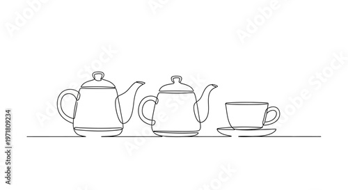 Minimalist Line Art: Two Teapots and a Teacup on a White Background