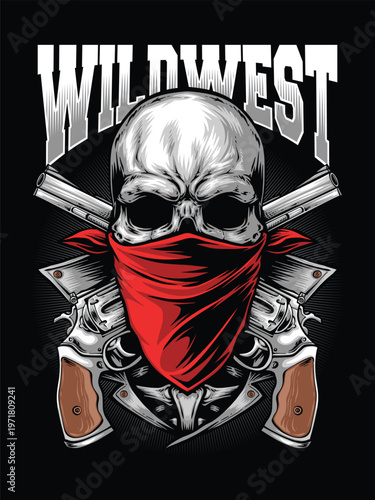 Gangster Skull with Bandana and Crossed Revolvers Vector Illustration