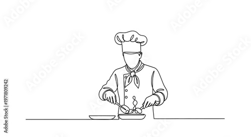 Chef Cooking Food in Kitchen: Continuous Line Art Illustration