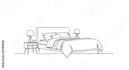 Bedroom sketch with nightstand and lamps, minimalist line art interior design concept