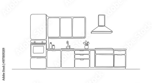 Modern Kitchen Line Drawing Illustration - Clean Interior Design Sketch
