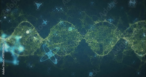 Glowing network wave forming neon green mesh loops across deep blue background, with cyan nodes