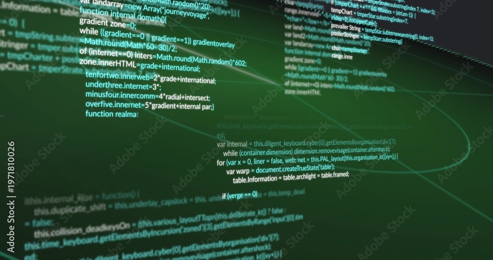 Obraz premium Displaying monospaced code tilting on-screen green gradient with curved arcs, grid, glowing nodes