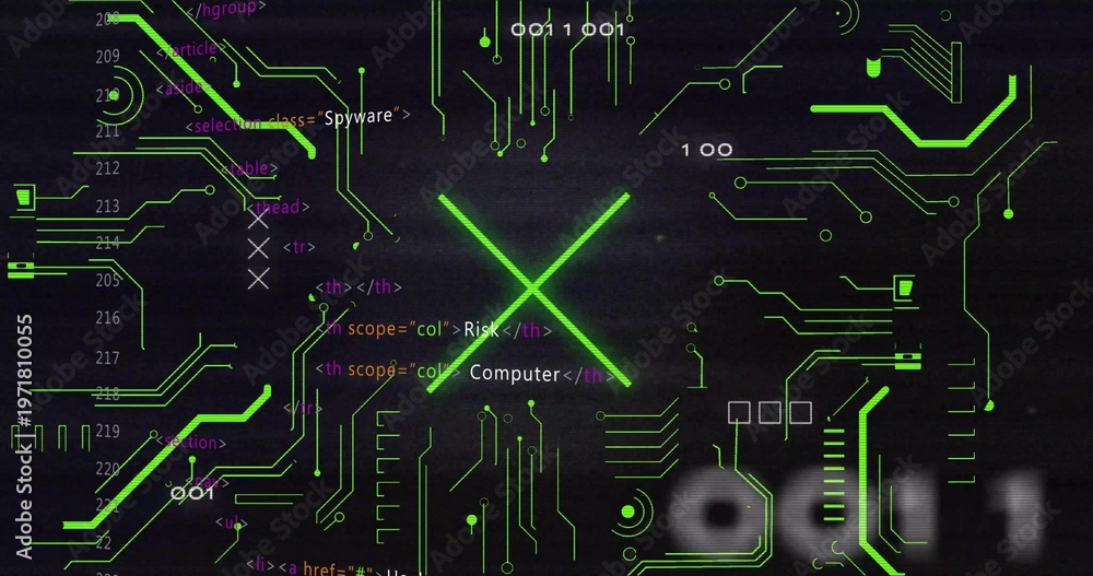 Naklejka premium Glowing bright green X pulsing across digital interface, showing neon traces, spyware labels