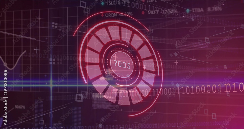 Obraz premium Displaying central radial gauge reading 7005 on control screen, with binary stream and graph