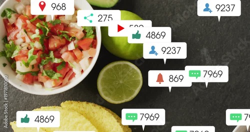 Vertical video: Salsa bowl  and  tacos sitting on slate after first frame spawning social media bubb