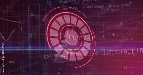 Displaying central radial gauge reading 7005 on control screen, with binary stream and graph