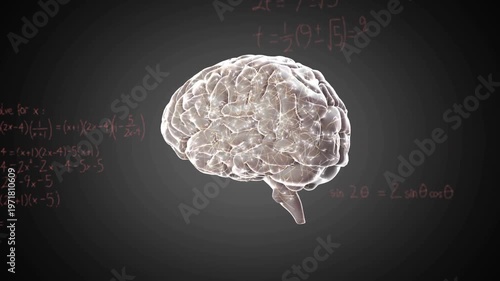 3D brain rotating and pulsing, frames starting math notes and graphs for visualizing cognition