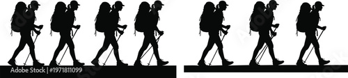 Hiking backpacker silhouette collection showing trekking travelers walking with gear outdoor adventure exploration people isolated vector set