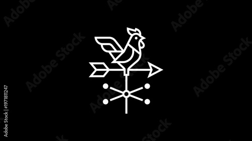 Minimalist White Rooster Weathervane on Black Background