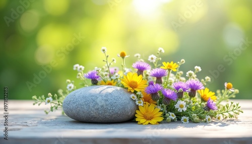 Smooth gray stone sits on wood with purple and yellow wildflowers. Soft green bokeh background creates serene outdoor ambiance. Nature calm beauty.
