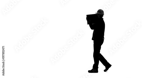 Silhouette of a cameraman walking with a video camera on his shoulder, isolated on white background