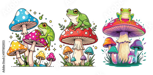 Whimsical illustration of frogs and birds on colorful mushrooms in a fantasy forest scene