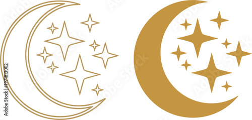 Golden Crescent Moon and Stars Icons Set for Night, Magic, and Celestial Designs.