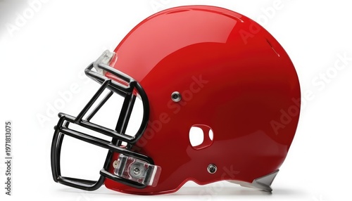 A 3d red american football helmet with a safety mask is isolated on a white background as a professional sports equipment object for team competition player protection and game gear