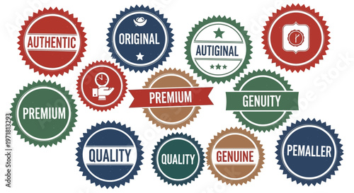 Collection of Quality Assurance Badges: Authentic, Original, Premium, Genuine, Quality